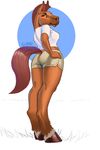  brown_fur clothing equine female fur hand_on_hip hooves horse long_legs looking_back mammal mane mohawk rayda red_eyes shorts simple_background siyah smile solo standing thick_thighs wide_hips 