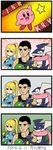  1girl 2014 4koma aturn black_hair blonde_hair boxing_gloves clapping comic gen_6_pokemon gloves greninja kirby kirby_(series) little_mac long_hair metroid pokemon pokemon_(creature) ponytail punch-out!! samus_aran smile star super_smash_bros. tongue zero_suit 