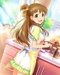  bird brown_hair coffee coffee_maker_(object) cup curtains green_eyes idolmaster idolmaster_cinderella_girls jpeg_artifacts long_hair looking_at_viewer looking_back makihara_shiho mug official_art plant solo sparrow tray window 