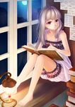  akotaman barefoot bloomers book brown_hair dress indoors lamp legs long_hair moon night original purple_eyes sitting solo underwear window 