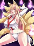  animal_ears arm_behind_head armpits bare_shoulders blonde_hair bracelet breasts detached_sleeves fox_ears fox_tail fundoshi hitodama japanese_clothes jewelry kneeling kyuubi large_breasts long_hair looking_at_viewer megane_man multiple_tails navel necklace no_pants original parted_lips red_eyes ribbon-trimmed_clothes ribbon-trimmed_legwear ribbon-trimmed_sleeves ribbon_trim sandals smile socks solo tail underwear very_long_hair 