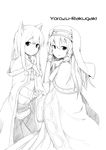  animal_ears cloak creator_connection greyscale habit holding_hands holo hood interlocked_fingers long_hair magdala_de_nemure monochrome multiple_girls nun spice_and_wolf ul_fenesis wk_(low-f) wolf_ears wolf_girl 