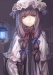  book capelet carrying coat crescent dress hair_ribbon hat kikugetsu lamp long_hair looking_at_viewer mob_cap open_clothes open_coat patchouli_knowledge purple_dress purple_eyes purple_hair ribbon solo striped striped_dress touhou tress_ribbon very_long_hair 
