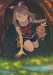  after_rain arm_support bad_id bad_pixiv_id bike_shorts blue_eyes brown_hair fanny_pack gen_3_pokemon hair_ribbon haruka_(pokemon) highres kneeling nakakore on_grass pokemon pokemon_(creature) pokemon_(game) pokemon_oras puddle reflection ribbon shirt shoes short_shorts shorts sleeveless sleeveless_shirt torchic 