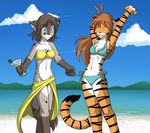  ahoge alcohol beach beverage bikini black_fur blue_eyes breasts brown_hair brown_nose canine chest_tuft claws clothing cloud duo eyes_closed feline female flora_(twokinds) fur grey_fur hair happy hybrid kathrin_(twokinds) keidran lake long_hair mammal martini mountain olive open_mouth orange_fur outside sand seaside short_hair sky smile spots standing stretching stripes swimsuit tiger tom_fischbach tuft twokinds vacation water white_belly white_fur 