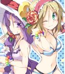  ;) alice_margatroid armband bare_shoulders bikini blonde_hair bracelet breasts cleavage colored_eyelashes crescent eating fingernails flower green_eyes hair_flower hair_ornament hairband hat jewelry long_hair medium_breasts multicolored multicolored_nails multiple_girls nail_polish navel one_eye_closed patchouli_knowledge purple_eyes purple_hair satou_kibi shaved_ice sitting smile striped striped_bikini striped_swimsuit sun_hat sweat swimsuit touhou 