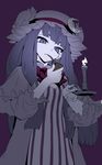  candle candlelight crescent crescent_hair_ornament fire flame hair_ornament hat lighting long_hair patchouli_knowledge pipe pipe_in_mouth purple_eyes purple_hair solo thupoppo touhou 