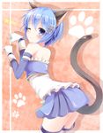  aibumi animal_ears back bad_id bad_pixiv_id bare_shoulders bent_over blue_dress blue_eyes blue_hair blush cat_ears cat_tail commentary_request detached_sleeves dress gloves hair_ornament hairclip kemonomimi_mode layered_dress looking_at_viewer magical_girl mahou_shoujo_madoka_magica miki_sayaka one_eye_closed paw_pose paw_print solo tail thighhighs white_dress white_gloves white_legwear zettai_ryouiki 