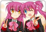  ;d blue_eyes bow futaki_kanata hair_bobbles hair_ornament hairclip jacket juujiro_eru little_busters! long_hair looking_at_another looking_at_viewer multiple_girls one_eye_closed open_mouth pink_bow pink_hair saigusa_haruka school_uniform side_ponytail smile v yellow_eyes 