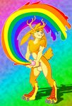  antlers balls challen cum cumshot erection horn jackalope lagomorph looking_at_viewer mammal masturbation nude orgasm penis rainbow rainbow_cum smile solo super_gay veerye 