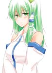  bare_shoulders blush breasts detached_sleeves frog_hair_ornament green_eyes green_hair hair_ornament kochiya_sanae large_breasts long_hair looking_at_viewer pirorun simple_background smile snake_hair_ornament solo touhou upper_body white_background 