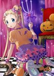  blonde_hair blue_eyes chair chestnut_mouth chuunibyou_demo_koi_ga_shitai! dekomori_sanae highres long_hair neki_(wakiko) pitchfork polka_dot pumpkin ribbon shoes skirt sneakers solo striped striped_legwear thighhighs twintails 