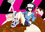  black_hair boots cape fingerless_gloves gloves hajime_(hamatora) hamatora hat highres hood hoodie pink_eyes short_hair shorts solo 