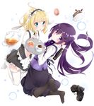  apron black_legwear blonde_hair blue_eyes boots boots_removed bow cake coffee cup curly_hair dress_shirt fleur_de_lapin_uniform food gochuumon_wa_usagi_desu_ka? hair_ornament hairband hairclip jumping kirima_sharo lolita_hairband long_hair long_skirt looking_at_another looking_at_viewer looking_back macaron menu miniskirt multiple_girls no_shoes open_mouth pantyhose plate puffy_short_sleeves puffy_sleeves purple_eyes purple_hair rabbit_house_uniform ribbon shirt short_hair short_sleeves skindentation skirt smile socks spoon tea teacup teapot tedeza_rize thighhighs tousaki_shiina tray twintails very_long_hair waist_apron waistcoat waitress white_legwear 