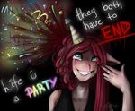  anthro anthrofied black_background blood blue_eyes chiakitasso clothing confetti earth_pony english_text equine female friendship_is_magic hair horse mammal my_little_pony party_hat pink_hair pinkamena_(mlp) pinkie_pie_(mlp) plain_background pony smile solo tears text 