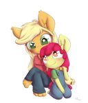  alasou alpha_channel anthro anthrofied apple_bloom_(mlp) applejack_(mlp) barefoot blonde_hair blush cute duo earth_pony equine female freckles friendship_is_magic fur green_eyes hair hi_res horse long_hair mammal my_little_pony orange_eyes orange_fur overalls plain_background pony red_hair sibling sisters smile transparent_background yellow_fur 