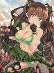  bad_id bad_pixiv_id bikini black_legwear blue_eyes breasts brown_gloves brown_hair cannon cleavage cloud cloudy_sky collarbone fingerless_gloves gloves green_bikini hair_ornament large_breasts long_hair looking_at_viewer m551_sheridan_(weapon_girls) machinery mecha_musume military official_art re_lucy sky smile solo swimsuit thighhighs very_long_hair weapon_girls 