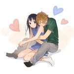  1girl black_hair blue_eyes brown_eyes brown_hair casual hetero hug hug_from_behind kitashirakawa_tamako long_hair momose_(oqo) ooji_mochizou short_hair sitting tamako_market wariza 