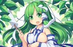  breasts covered_nipples detached_sleeves frog_hair_ornament gohei green_eyes green_hair hair_ornament highres kochiya_sanae large_breasts leaf long_hair looking_at_viewer mikan_(bananoha) open_mouth sideboob snake_hair_ornament solo touhou 