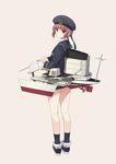  bangs blunt_bangs brown_eyes brown_hair clothes_writing dress from_behind hakui_ami hat highres kantai_collection looking_at_viewer machinery sailor_collar sailor_dress sailor_hat short_hair simple_background solo z3_max_schultz_(kantai_collection) 