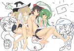  ;&lt; alternate_costume bare_legs barefoot blonde_hair bow braid breasts brown_eyes brown_hair collarbone convenient_leg cookin feet frog_hair_ornament green_eyes green_hair grin hair_bow hair_ornament hakurei_reimu hat hat_bow headlock highres kirisame_marisa kochiya_sanae large_bow large_breasts legs long_hair multiple_girls naughty_face no_bra off_shoulder one_eye_closed open_mouth panties school_uniform scribble single_braid skirt skirt_lift skirt_tug smile snake_hair_ornament soles struggling touhou underwear white_bow white_panties witch_hat yellow_eyes yuri 