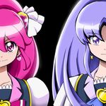  aino_megumi aitaso black_background brooch cure_fortune cure_lovely earrings hair_ornament happinesscharge_precure! heart heart_hair_ornament hikawa_iona jewelry long_hair lowres magical_girl multiple_girls pink_eyes pink_hair precure purple_eyes purple_hair smile wide_ponytail 