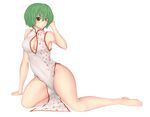  alternate_costume arm_support bare_shoulders barefoot breasts china_dress chinese_clothes cleavage cleavage_cutout cookin covered_navel curvy dress feet green_hair hand_on_own_head heart kazami_yuuka large_breasts legs looking_at_viewer naughty_face no_panties red_eyes short_hair sideboob sleeveless sleeveless_dress smile solo thick_thighs thighs touhou wide_hips 
