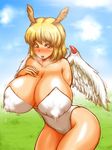  1girl angel_(monster_farm) artist_request blonde_hair blush breast_suppress breasts breath brown_eyes cleavage collarbone erect_nipples female hips huge_breasts lactation monster_farm monster_girl nipples open_mouth puffy_nipples shiny shiny_skin short_hair standing sweat tongue tongue_out tremble trembling wings 