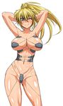  arms_up blonde_hair blue_eyes breasts cosplay excellen_browning highres hikari_to_mizu_no_daphne large_breasts one_eye_closed pepo_(absolute1123) ponytail revealing_clothes solo super_robot_wars white_background yuu_park yuu_park_(cosplay) 