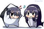  alternate_costume black_eyes blush chibi commentary costume eyepatch fang flying_sweatdrops hair_flaps headgear kantai_collection multiple_girls open_mouth purple_hair shark simple_background taigei_(kantai_collection) tenryuu_(kantai_collection) twintails twitter_username twumi wavy_mouth whale white_background 