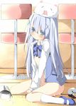  1girl blue_eyes blush gochuumon_wa_usagi_desu_ka? gochuumon_wa_usagi_desuka? kafuu_chino looking_at_viewer no_pants sexually_suggestive sitting tippy_(gochuumon_wa_usagi_desuka?) unbuttoned 