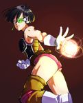  ankle_boots armor ass bare_shoulders black_hair boots clenched_hand dragon_ball dragon_ball_z earrings energy_ball gloves highres jewelry knee_pads leotard monkey_tail pink_leotard sabamiso_(tomatomikan) scouter seripa short_hair simple_background single_thighhigh solo tail thighhighs white_gloves 