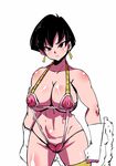  adapted_costume bikini black_hair blush bob_cut breasts brown_eyes cleavage covered_nipples dragon_ball dragon_ball_z earrings gloves heart jewelry large_breasts micro_bikini monkey_tail rickert_kai seripa shiny shiny_skin short_hair single_thighhigh solo swimsuit tail thighhighs underboob white_gloves 