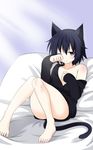  animal_ears bare_legs barefoot bed black_hair blue_eyes blush cat_ears cat_tail collarbone convenient_leg highres legs naked_sweater no_nose original rubbing_eyes shikniful short_hair sitting solo sweater tail wince 