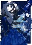  absurdres black_hair blue_eyes blue_flower blue_rose dress flower highres kmikan long_hair nail_polish original rose setsuko_(kose) snowflakes solo 