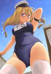  blonde_hair blush breasts cameltoe from_below glasses hat highres i-8_(kantai_collection) kantai_collection large_breasts long_hair looking_at_viewer one-piece_swimsuit red-framed_eyewear school_swimsuit solo swimsuit thighhighs twintails wa_(genryusui) white_legwear 