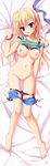  absurdres asahina_shin ass_visible_through_thighs bed_sheet blonde_hair blue_eyes blush bra bra_lift bracelet breasts breasts_outside collarbone dakimakura from_above full_body groin highres huge_filesize jewelry karumaruka_circle legs long_hair looking_at_viewer lying medium_breasts necklace nipples no_pussy on_back open_clothes open_shorts panties panty_pull pearl_necklace red_bra red_panties sheet_grab shirt shirt_lift short_shorts shorts sleeveless sleeveless_shirt solo striped striped_bra striped_panties toranosuke underwear 