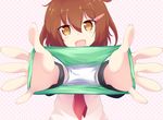  :d brown_eyes brown_hair fang green_panties hair_ornament hairclip holding holding_panties ikazuchi_(kantai_collection) kantai_collection long_sleeves neckerchief necktie open_mouth orepanzer outstretched_arms panties polka_dot polka_dot_background presenting_panties red_neckwear school_uniform serafuku smile solo underwear upper_body 