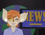  anthro badger bangs brown_fur eyelashes fangs female fur hair hybrid inner_ear_fluff jewelry makeup mammal mustelid news newscaster one_eye_closed orange_hair reporter short_hair smile solo stripes television whiskers wink yellow_eyes zoelnoone_(artist) 