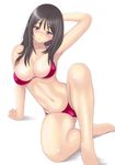  :o arm_support arm_up armpits bare_shoulders bikini black_hair blush breasts cleavage full-face_blush large_breasts long_hair looking_at_viewer muffin_(sirumeria) navel open_mouth original purple_eyes shiny shiny_skin simple_background sitting skindentation solo string_bikini swimsuit white_background 
