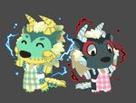  apron asami_(doubutsu_no_mori) claws closed_eyes crossover doubutsu_no_mori electricity freckles full_body grey_background horns kinuyo_(doubutsu_no_mori) monster monster_hunter no_humans parody pasteldeity simple_background standing stygian_zinogre style_parody zinogre 