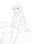  bare_legs bare_shoulders braid breasts elf flower greyscale hair_flower hair_ornament jiffic long_hair looking_at_viewer monochrome off-shoulder_sweater on_bed panties pantyshot pantyshot_(sitting) pointy_ears ribbed_sweater sako_rk_95_(upotte!!) side_braid simple_background single_braid sitting small_breasts smile solo sweater underwear upotte!! white_background 
