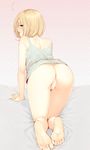  absurdres ahoge alisha_(eventh7) all_fours anus ass barefoot blonde_hair blush bottomless camisole censored eventh7 feet from_behind highres looking_at_viewer looking_back mole mole_under_eye open_mouth original pussy soles solo star star_print toes 