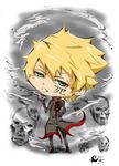  artist_name blonde_hair chibi copyright_request ghost green_eyes kanji looking_back male_focus roensol signature smoke solo 