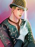  bad_id bad_pixiv_id black_eyes blonde_hair bowler_hat formal gloves green_lipstick hat jojo_no_kimyou_na_bouken kira_yoshikage knife lipstick magatsumagic makeup male_focus necktie solo suit 