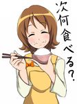  blush bowl brown_hair check_translation chopsticks closed_eyes eating eyelashes food happinesscharge_precure! happy jabara_tornado looking_at_viewer oomori_yuuko overalls precure rice rice_bowl short_hair simple_background smile solo translation_request white_background 