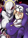  black_sclera blonde_hair breasts closed_eyes cross cross_necklace double_(skullgirls) dual_persona extra_mouth grey_skin habit hand_on_another's_head inverted_cross jewelry large_breasts monster necklace nightmare-doom nun one-eyed red_eyes skullgirls 