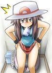  1girl blue_(pokemon) blush brown_eyes brown_hair hat menstrual_pad nintendo pad pokemon rascal toilet wristband 