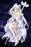  2014 asa_(seito926) bare_legs bishoujo_senshi_sailor_moon cape character_name choker dated double_bun dress earrings facial_mark forehead_mark full_body galaxy hair_ornament high_heels highres jewelry light_smile long_hair looking_at_viewer official_style parted_lips pearl ring sailor_collar sailor_cosmos sailor_senshi_uniform shoes short_dress signature silver_eyes silver_hair solo space staff stud_earrings twintails very_long_hair white_choker white_dress white_footwear white_hair white_sailor_collar winged_shoes wings 