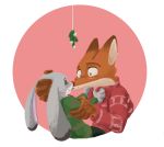  2019 anthro blush canine christmas clothed clothing dipstick_ears disney duo eye_contact female fox hi_res holidays judy_hopps kissing lagomorph male male/female mammal mistletoe nick_wilde plant rabbit simple_background sweater teabro zootopia 